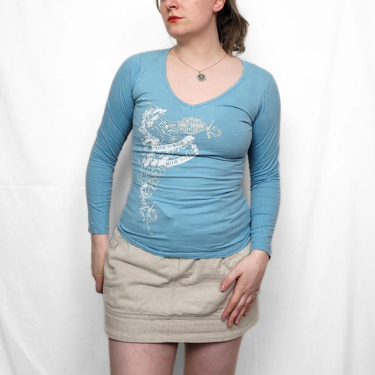 Vintage Y2K Harley Davidson Graphic Baby Blue Long Sleeve Top