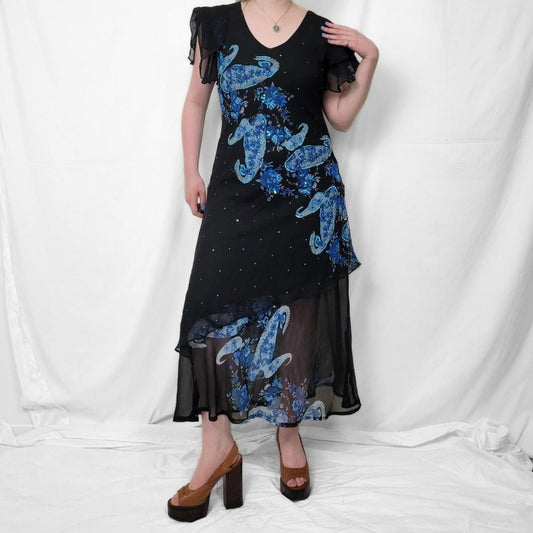 Y2K Black & Blue Floral Mesh Midi Dress