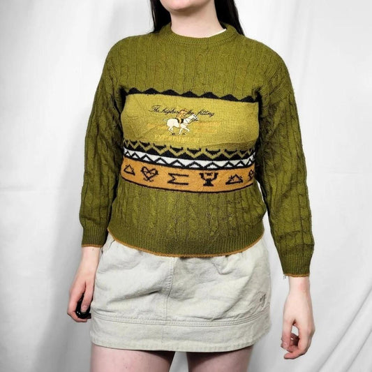Vintage 80s Green Horse Embroidered Knit Sweater