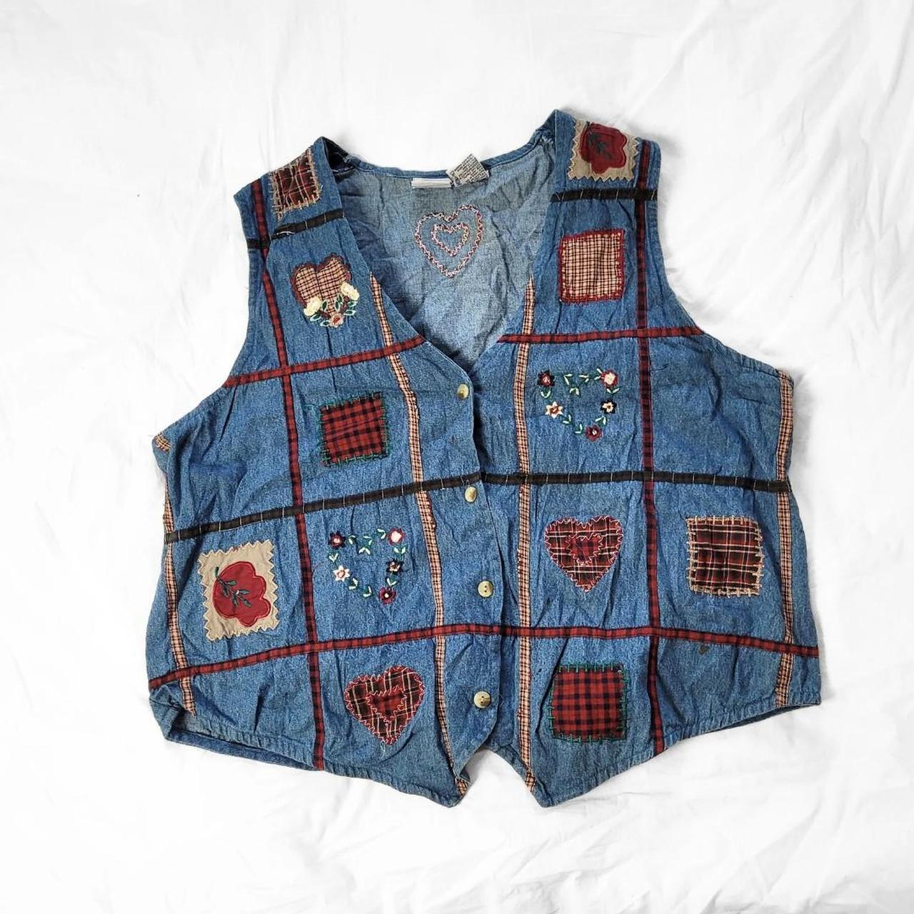 Vintage 90s Patchwork Embroidered Denim Waistcoat – Heart Detail