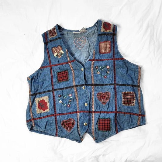 Vintage 90s Patchwork Embroidered Denim Waistcoat – Heart Detail