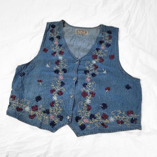 Vintage 90s Denim Waistcoat Vest – Purple Floral Embroidered Front, Western Fairy & Cottage Vibes