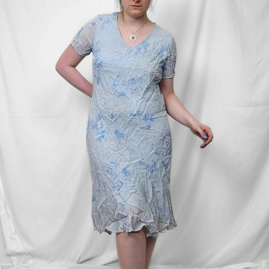 Y2K Baby Blue Floral Midi Dress with Sheer Sleeves & Lace Trim