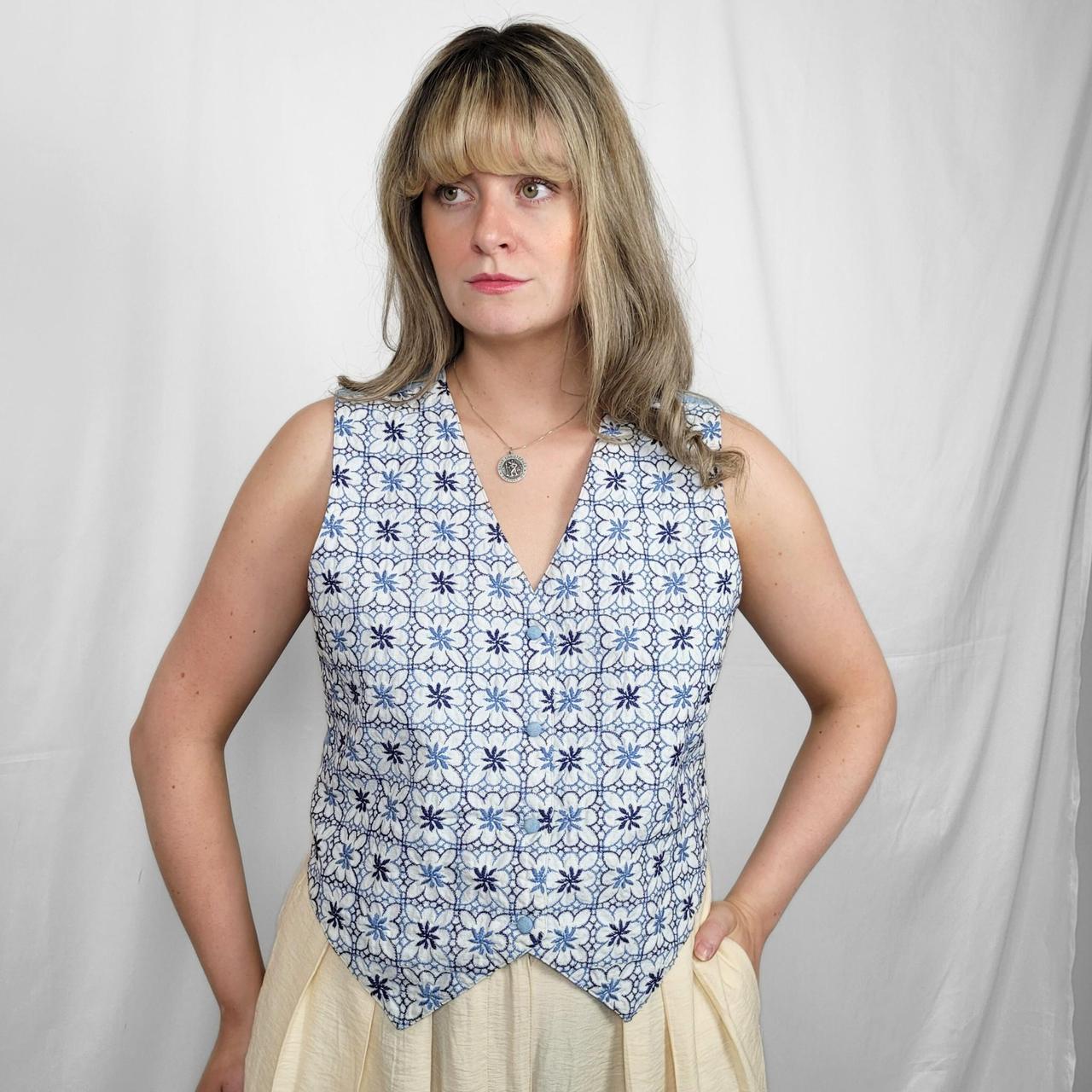 Vintage 90s White & Blue Floral Embroidered Denim & Cotton Vest | Size M
