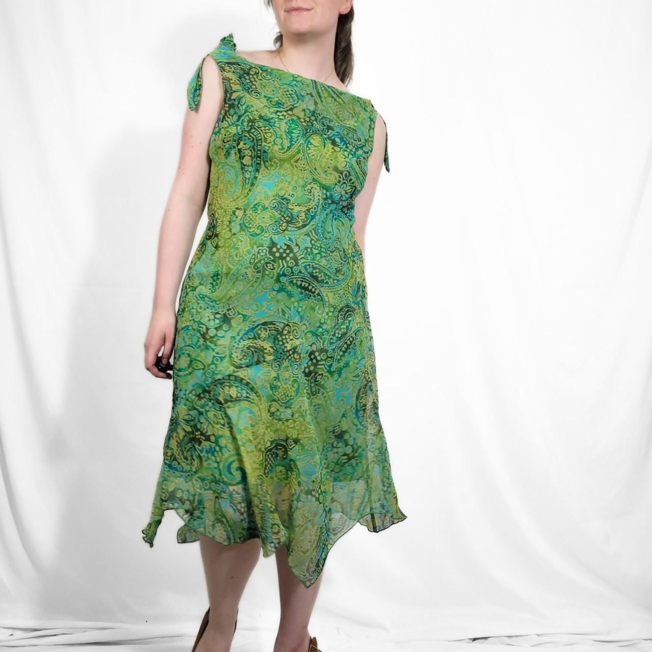 Y2K Green Paisley Sheer Midi Dress – Asymmetrical Hem & Tie Straps