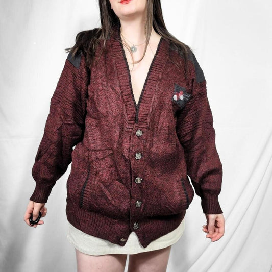 Vintage 80s Burgandy Grunge Patter Knit Cardigan