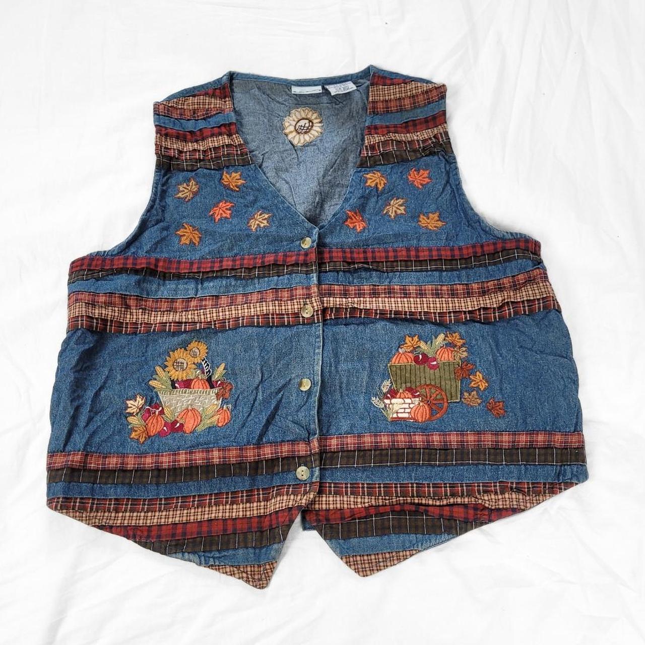 90s Embroidered Patchwork Denim Vest – Bobbie Brooks in Autumn Hues