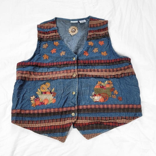 90s Embroidered Patchwork Denim Vest – Bobbie Brooks in Autumn Hues