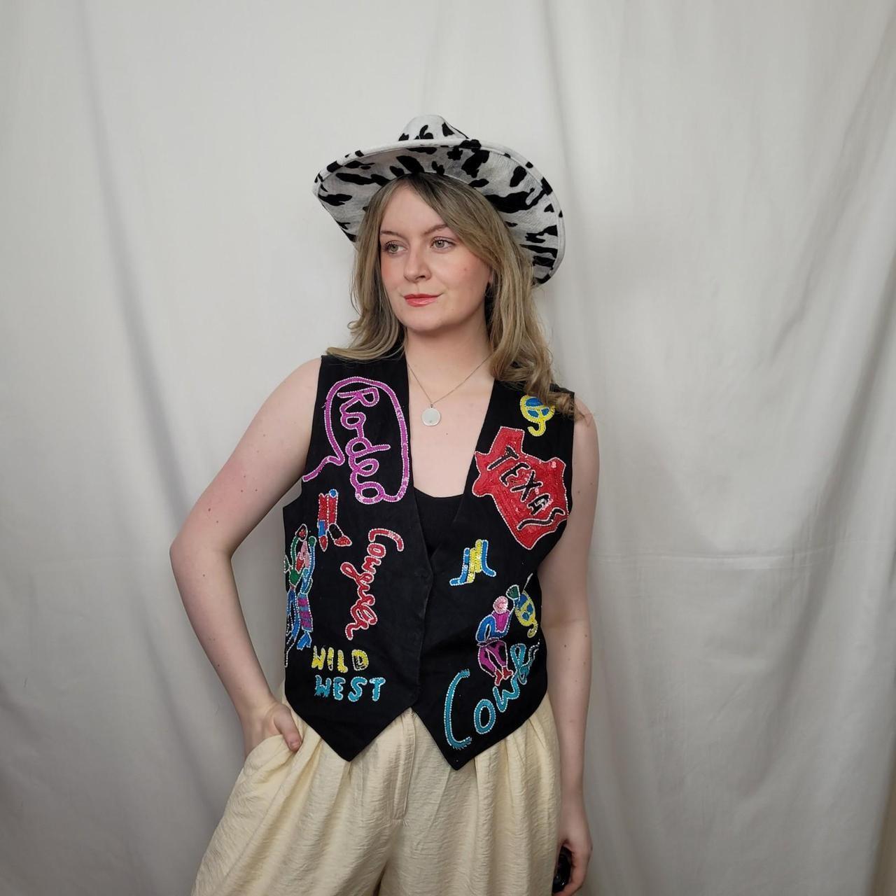 Y2K Black Neon Embroidery Waistcoat S Western – Wild West Cowgirl Graffiti Festival Rodeo Texas Size 8