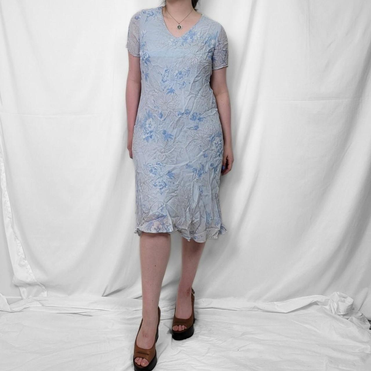 Y2K Baby Blue Floral Midi Dress with Sheer Sleeves & Lace Trim