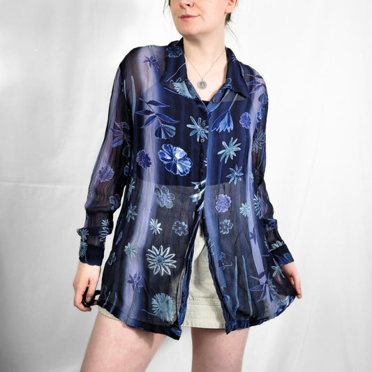 Y2K Blue Floral Sheer Blouse – Monsoon, Size M