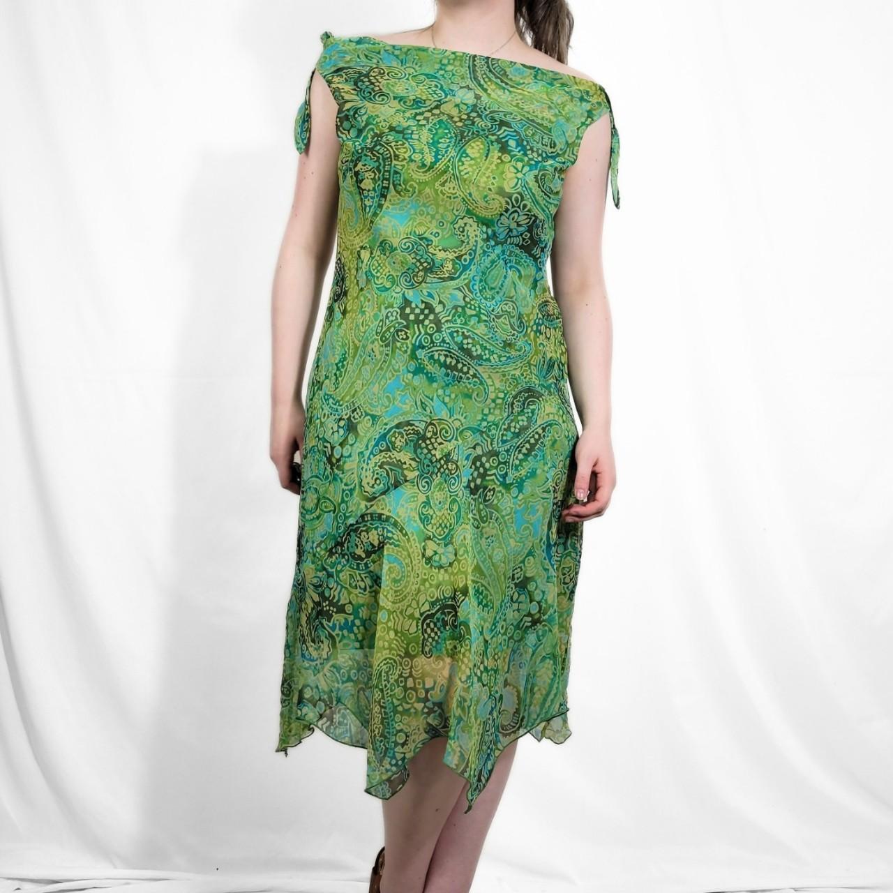 Y2K Green Paisley Sheer Midi Dress – Asymmetrical Hem & Tie Straps
