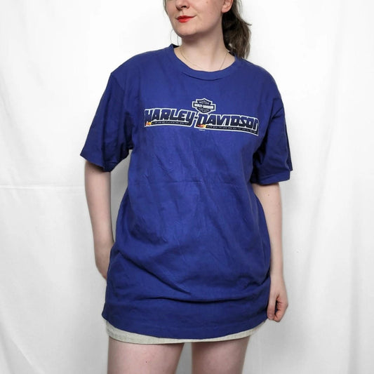 Vintage Y2K Harley Davidson Blue Spell Out Graphic Print T Shirt