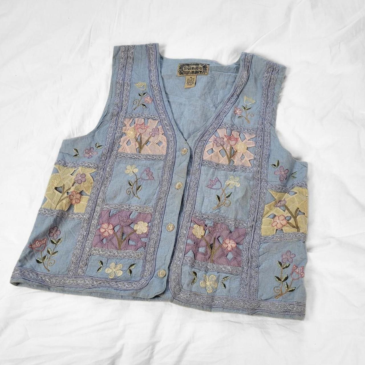 Vintage 90s Pastel Floral Embroidered Denim Waistcoat