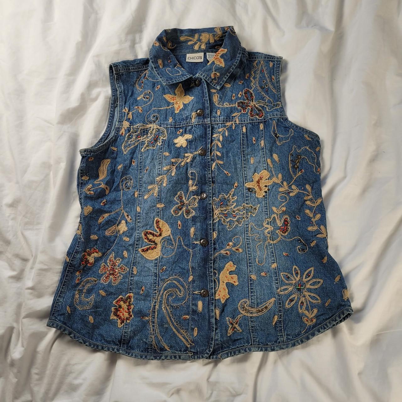 Vintage 90s embroidered denim vest – western boho with collar