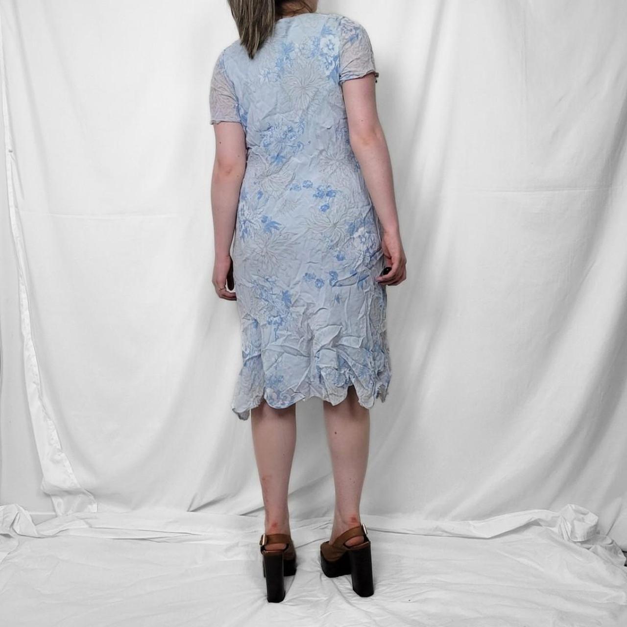 Y2K Baby Blue Floral Midi Dress with Sheer Sleeves & Lace Trim