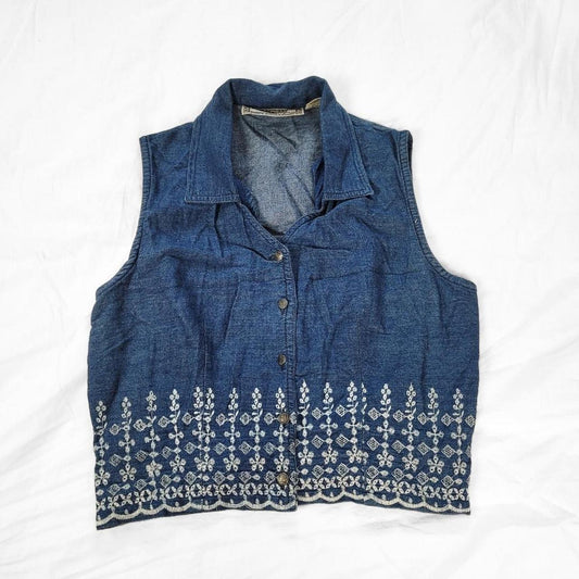 Vintage 90s Embroidered White Floral Denim Vest