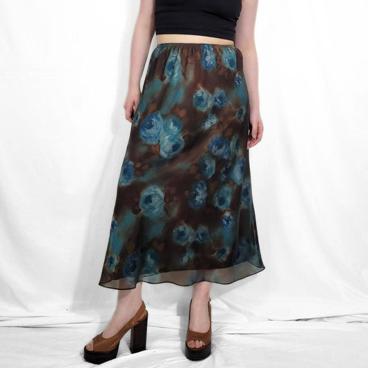 Y2K Blue Floral Maxi Skirt with Mesh Overlay