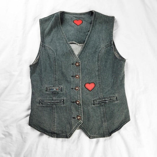 Vintage 90s Light Grey-Green Denim Waistcoat – Embroidered Hearts