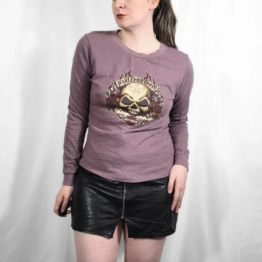 Vintage Y2K Harley Davidson Purple Skull Graphic Long Sleeve Top