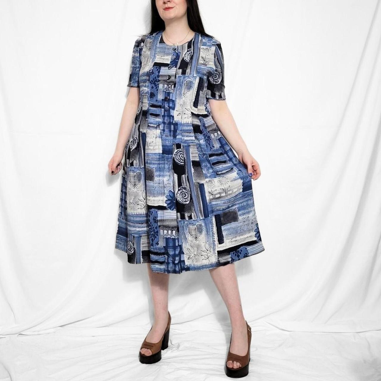 Vintage 90s Blue & White Floral Print Midi Tea Dress – Handmade