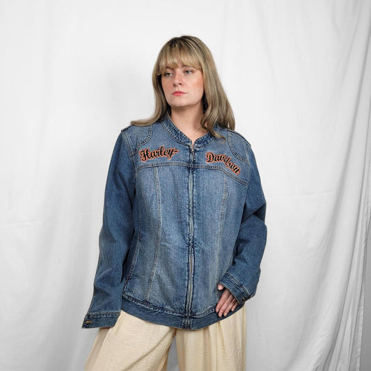 Vintage Y2K Harley Davidson Denim Bomber Jacket