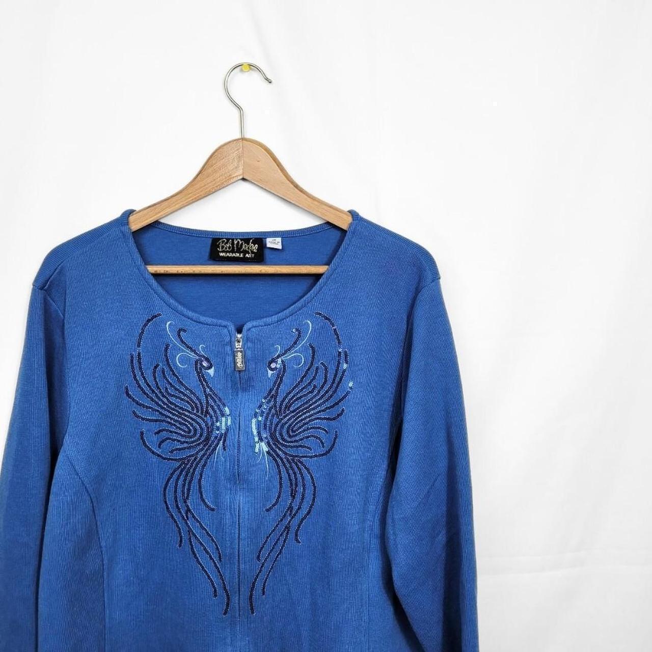 Vintage 90s Bob Mackie Blue Peacock Zip Up Knit Cardigan