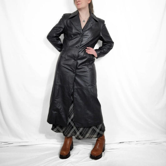 Vintage 90s Black Leather Maxi Trench Coat