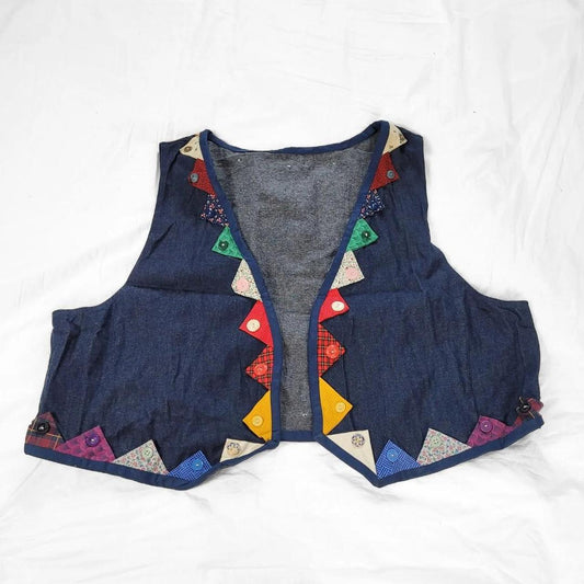 Vintage 90s Denim Waistcoat Vest with Rainbow Triangle Detail