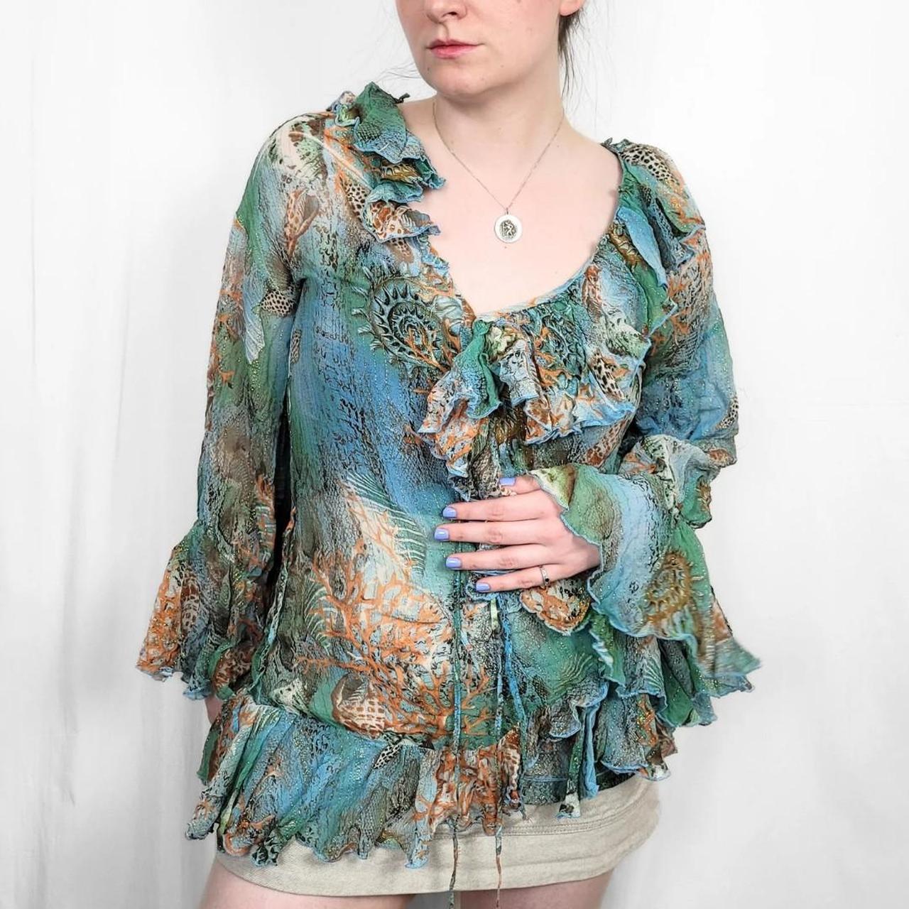 Y2K Multi-Coloured Mesh Blouse with Ruffle Sleeves & Neckline