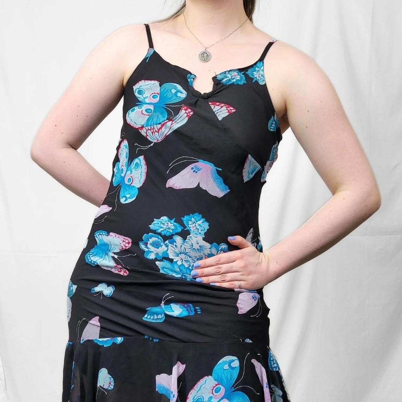 Y2K Black & Blue Butterfly Print Midi Dress – Asymmetrical Hem