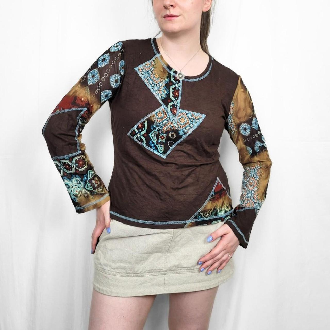 Y2K Brown & Blue Long Sleeve Mesh Top with Funky Design