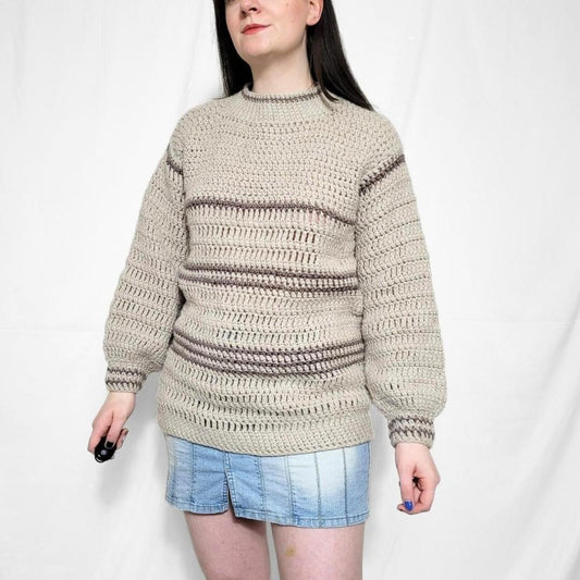 Vintage 80s Brown Striped Knitted Jumper - Handmade