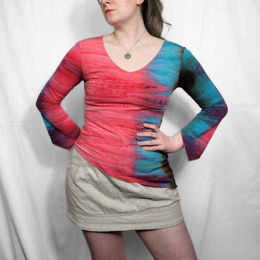Vintage Y2K Multi-Coloured Tie-Dye Long Sleeve Top with Bell Sleeves | Size M