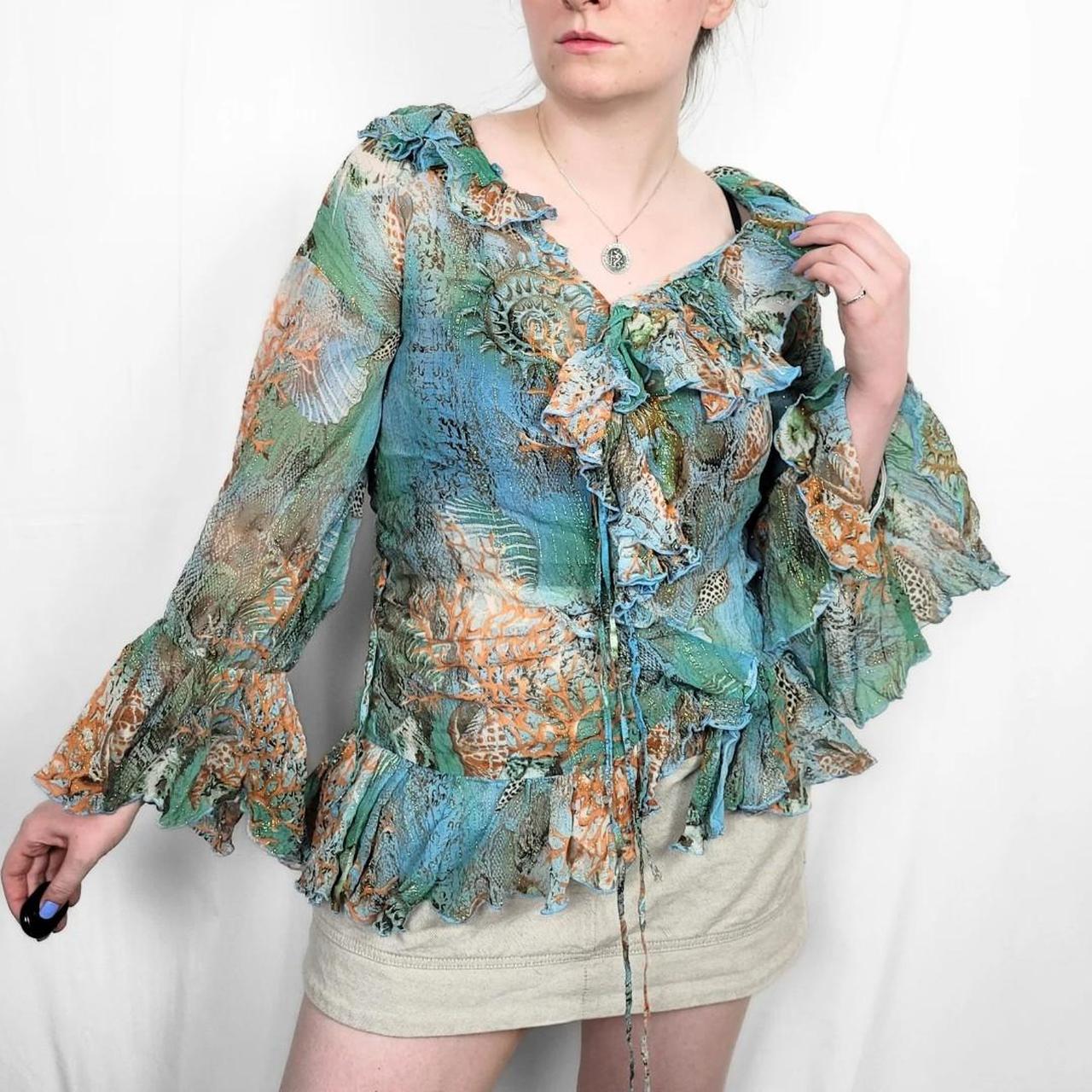 Y2K Multi-Coloured Mesh Blouse with Ruffle Sleeves & Neckline