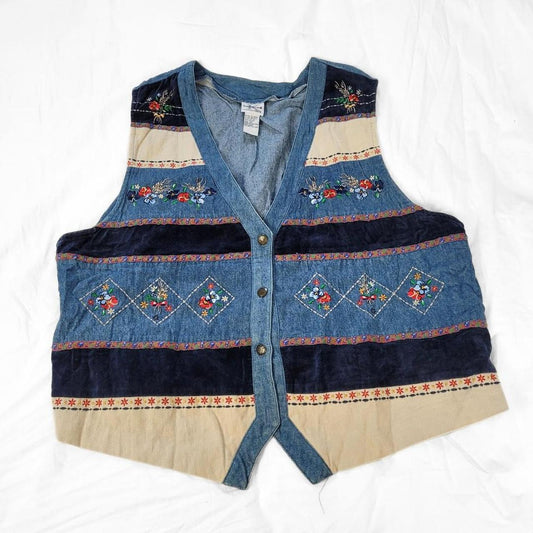 Vintage 90s Western Floral Embroidered Denim Waistcoat