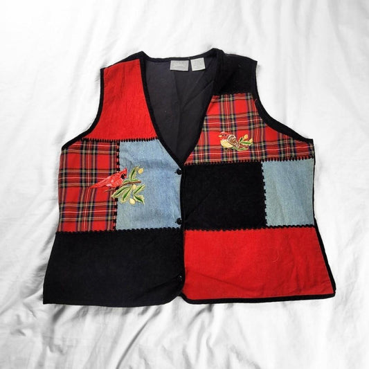 Vintage 90s Plaid Patchwork Waistcoat – Red & Black with Cardinal Embroidery