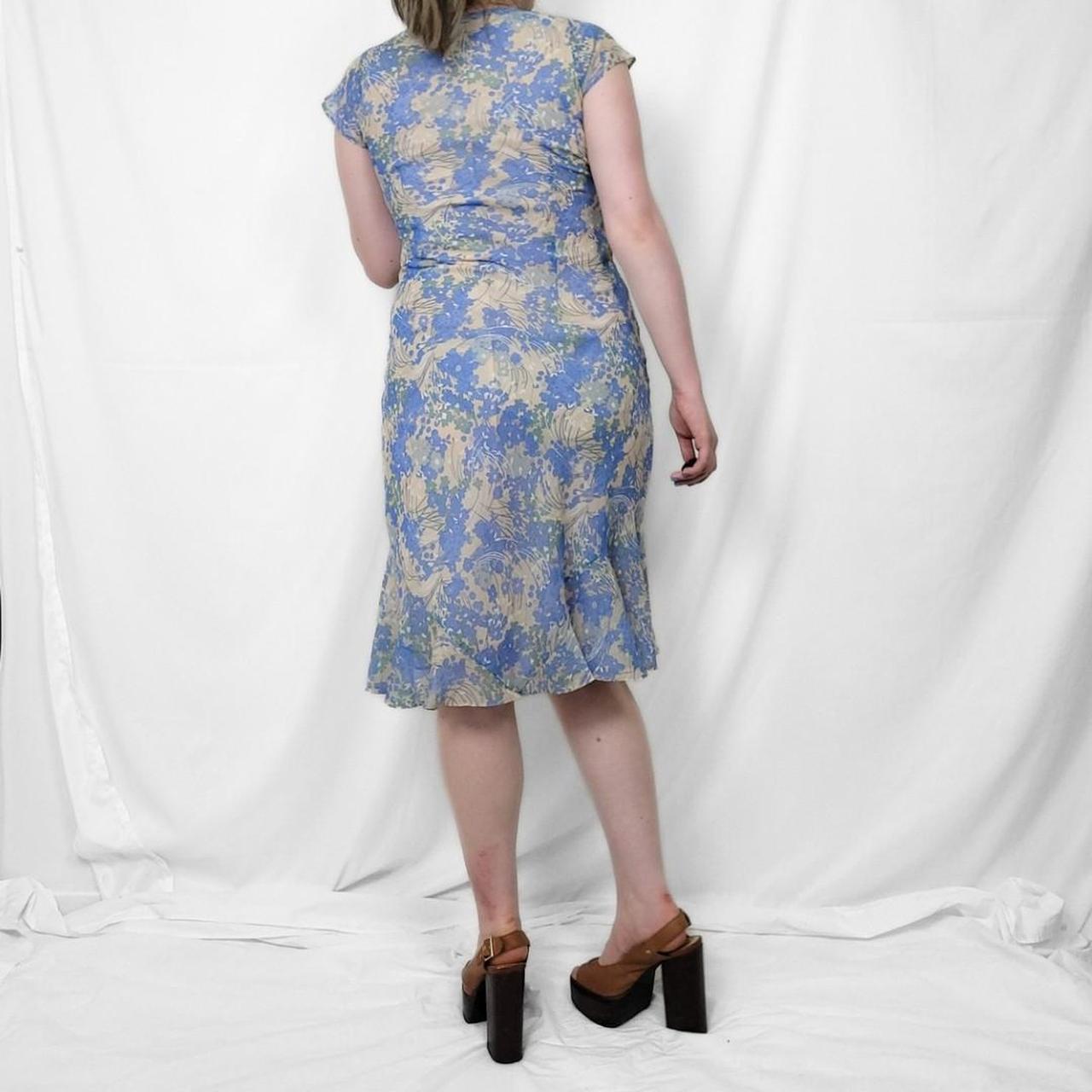 Y2K Blue Floral Midi Dress – Tie Front & Ruffle Hem