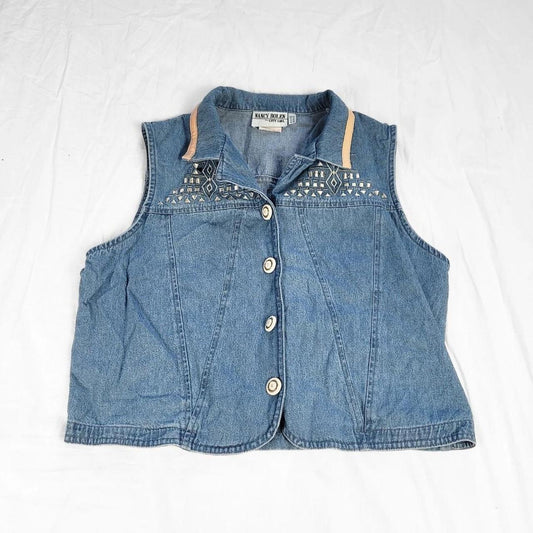Vintage 90s Denim Waistcoat with Silver Embroidered Front – Biker & Western Vibes