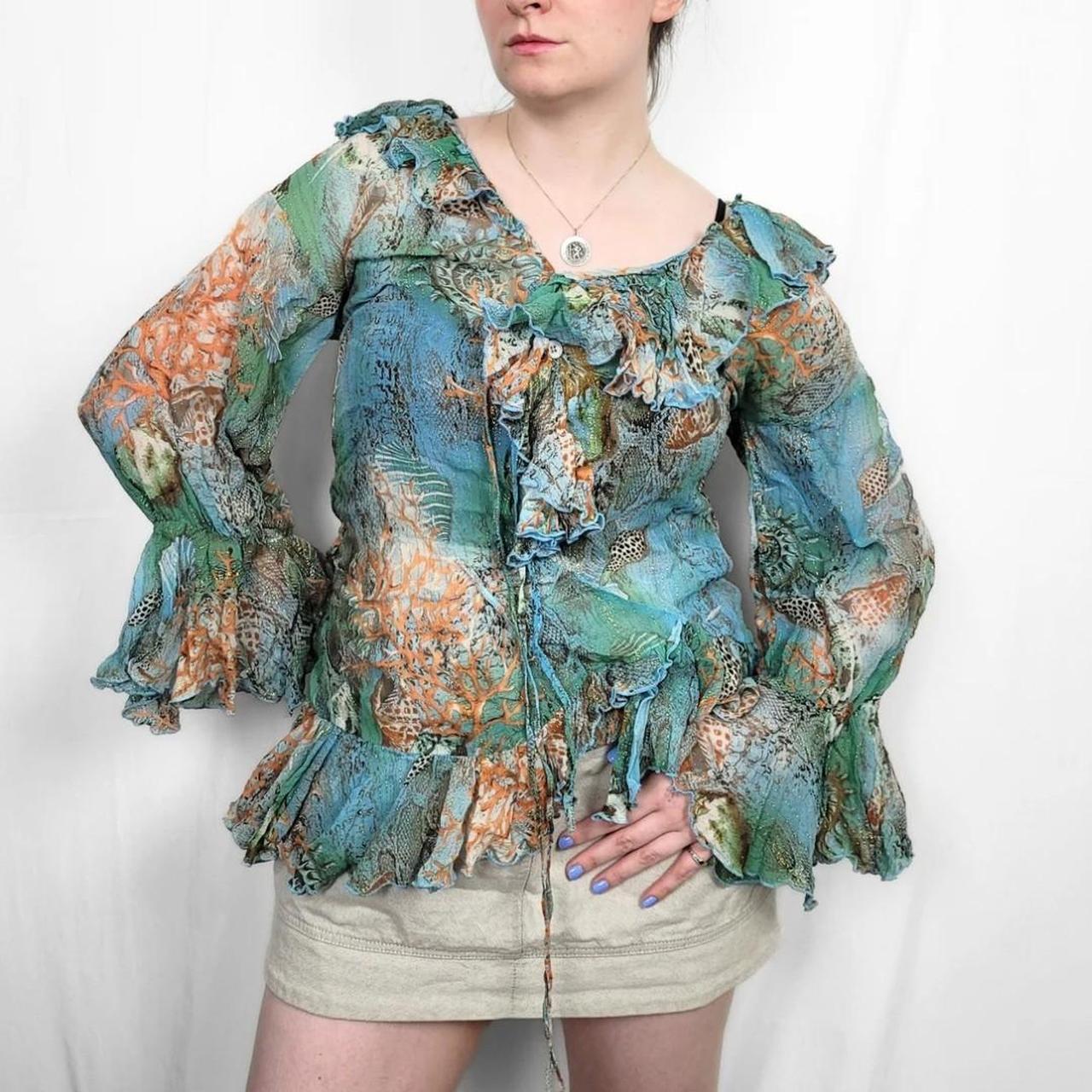 Y2K Multi-Coloured Mesh Blouse with Ruffle Sleeves & Neckline