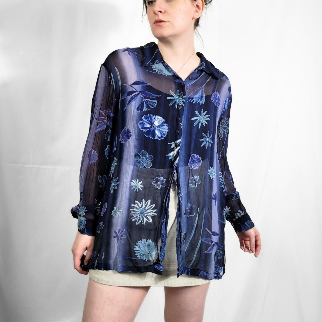 Y2K Blue Floral Sheer Blouse – Monsoon, Size M
