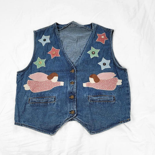 Vintage 90s Denim Waistcoat Vest with Fairy Embroidery & Star Print