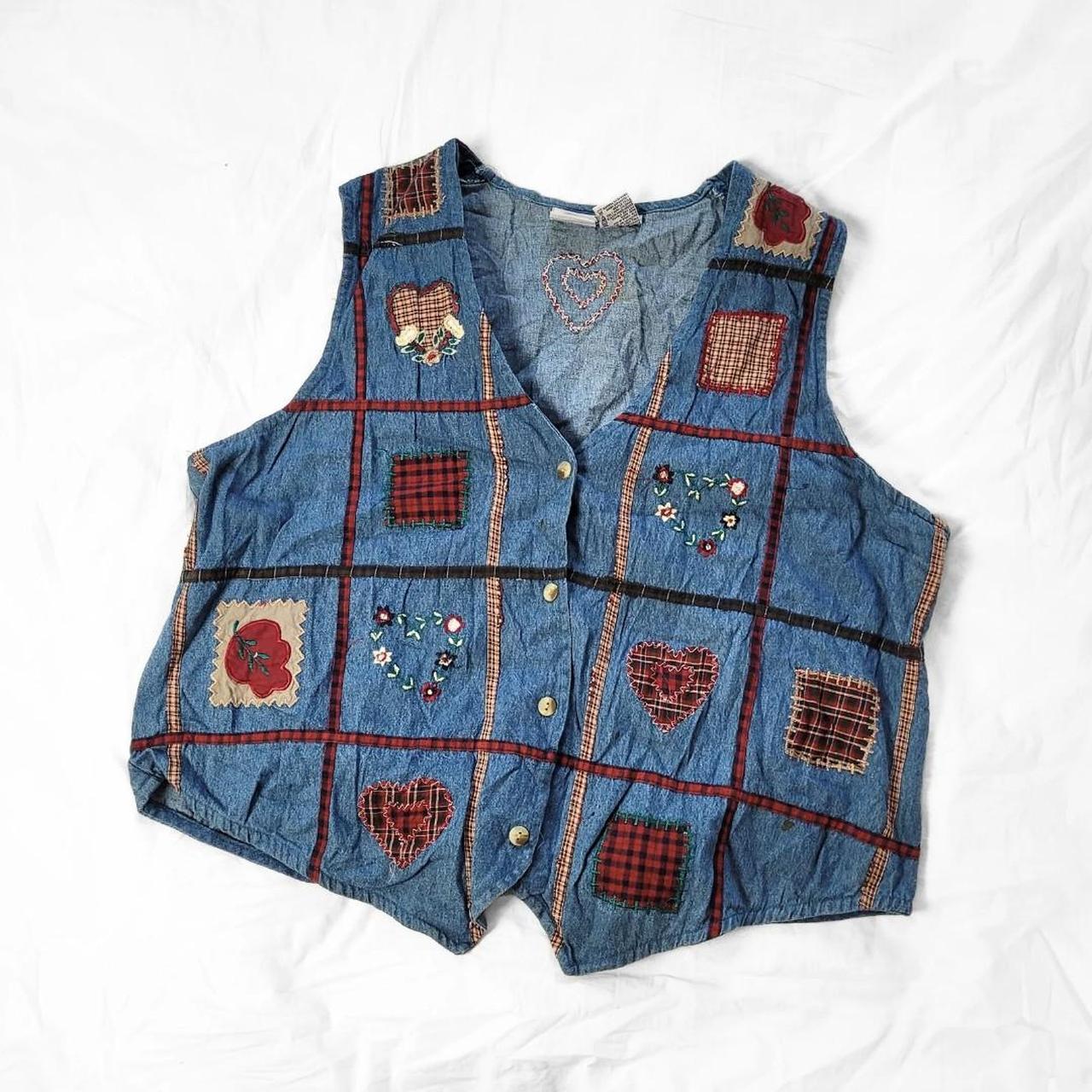 Vintage 90s Patchwork Embroidered Denim Waistcoat – Heart Detail