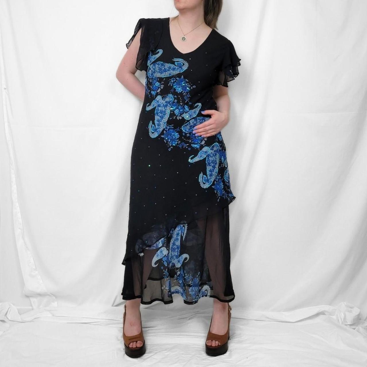 Y2K Black & Blue Floral Mesh Midi Dress