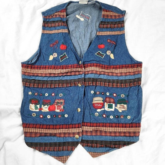 90s Cottagecore Embroidered denim vest with cherries, jars, and bows