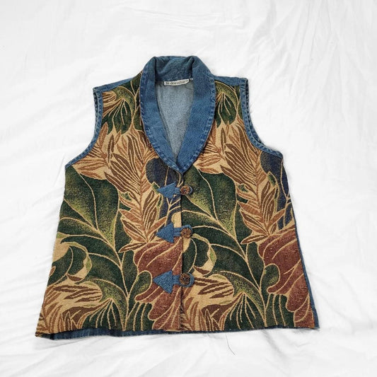 Vintage 90s Denim Waistcoat Vest with Tapestry Leaf Embroidery