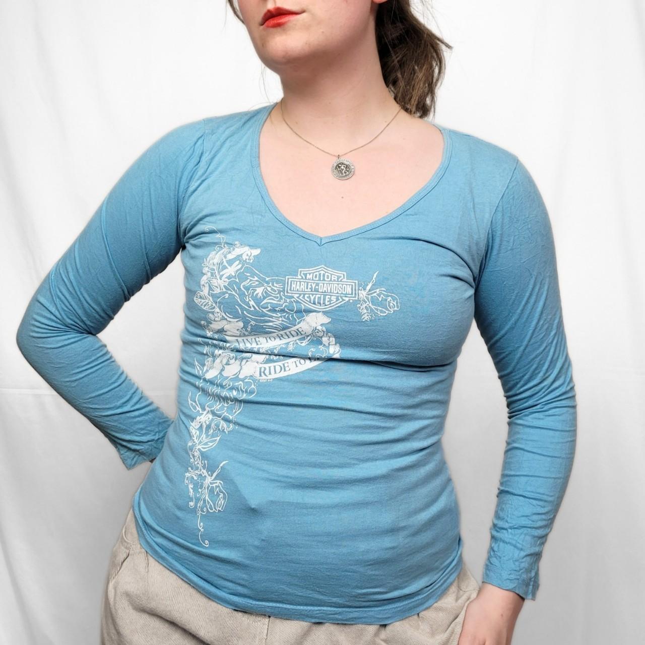 Vintage Y2K Harley Davidson Graphic Baby Blue Long Sleeve Top