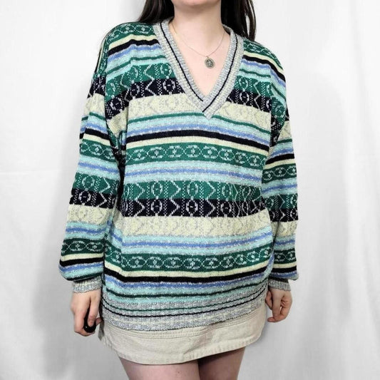 Vintage 90s C&A Funky Pattern V Neck Knitted Jumper