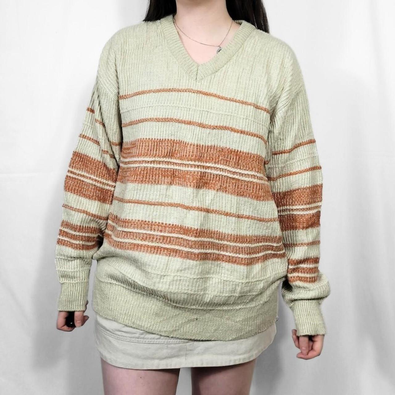 Vintage 80s Cream Striped Knit V Neck Jumper