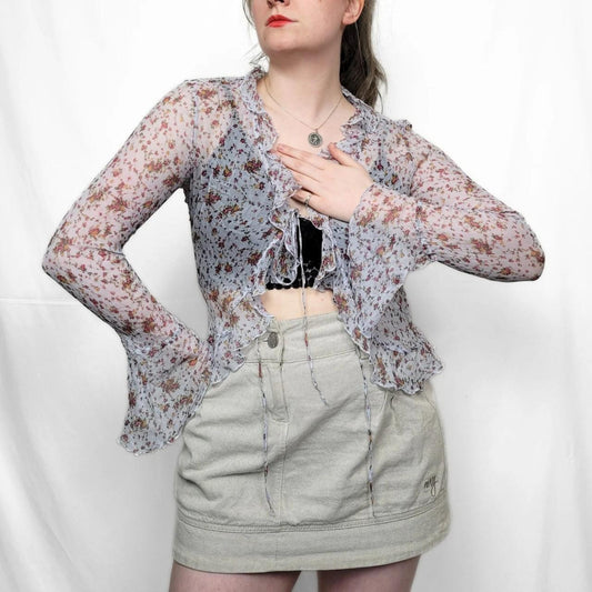 Y2K Blue Floral Mesh Long Sleeve Top with Tie Front